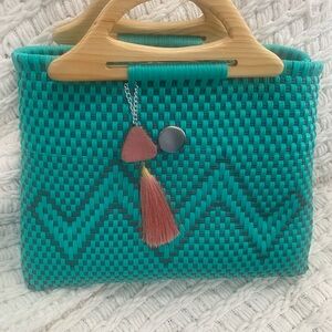 Teal Woven Handbag with Wooden Handles